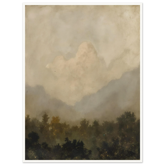 Soft clouds hover above a shadowy forest, evoking serenity and silence beneath a veil of golden haze.