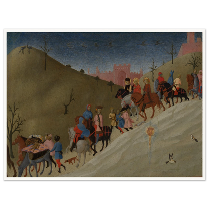 A procession of riders travels through rolling hills toward a pink city under a dark blue sky.
