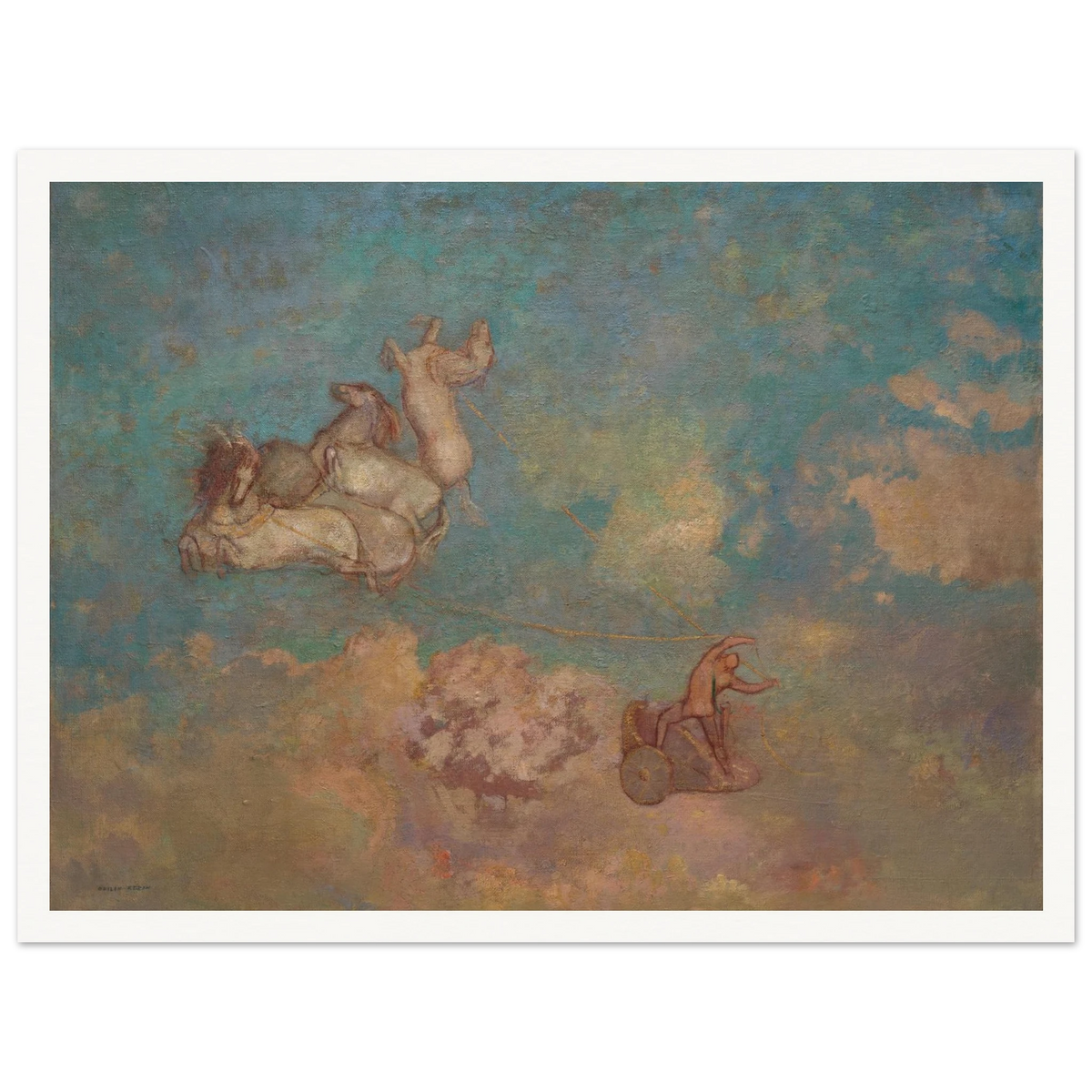 Apollo drives a chariot pulled by horses through a dreamy blue sky with soft clouds and pastel light.