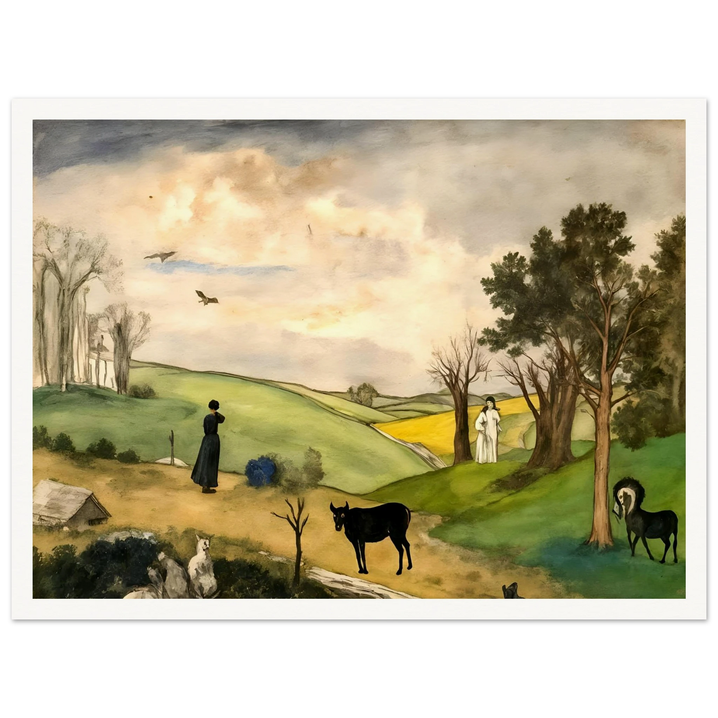 Figures, horses, birds, and trees rest across rolling green hills beneath a soft cloudy sky.