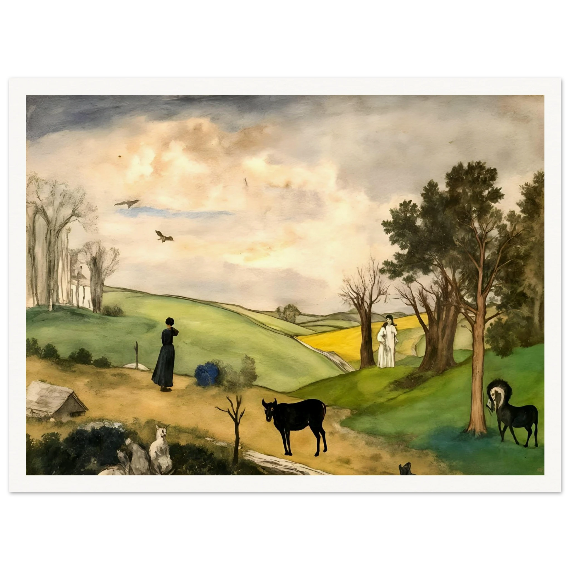 Figures, horses, birds, and trees rest across rolling green hills beneath a soft cloudy sky.