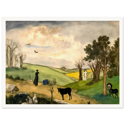 Figures, horses, birds, and trees rest across rolling green hills beneath a soft cloudy sky.