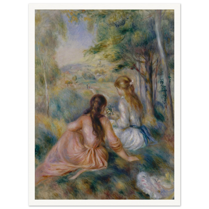 Two girls in pastel dresses sit among trees and flowers in a soft impressionist meadow.