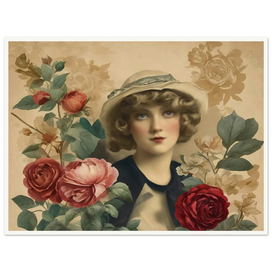 A vintage-style portrait of a woman in a hat, surrounded by blooming roses in soft, muted colors.