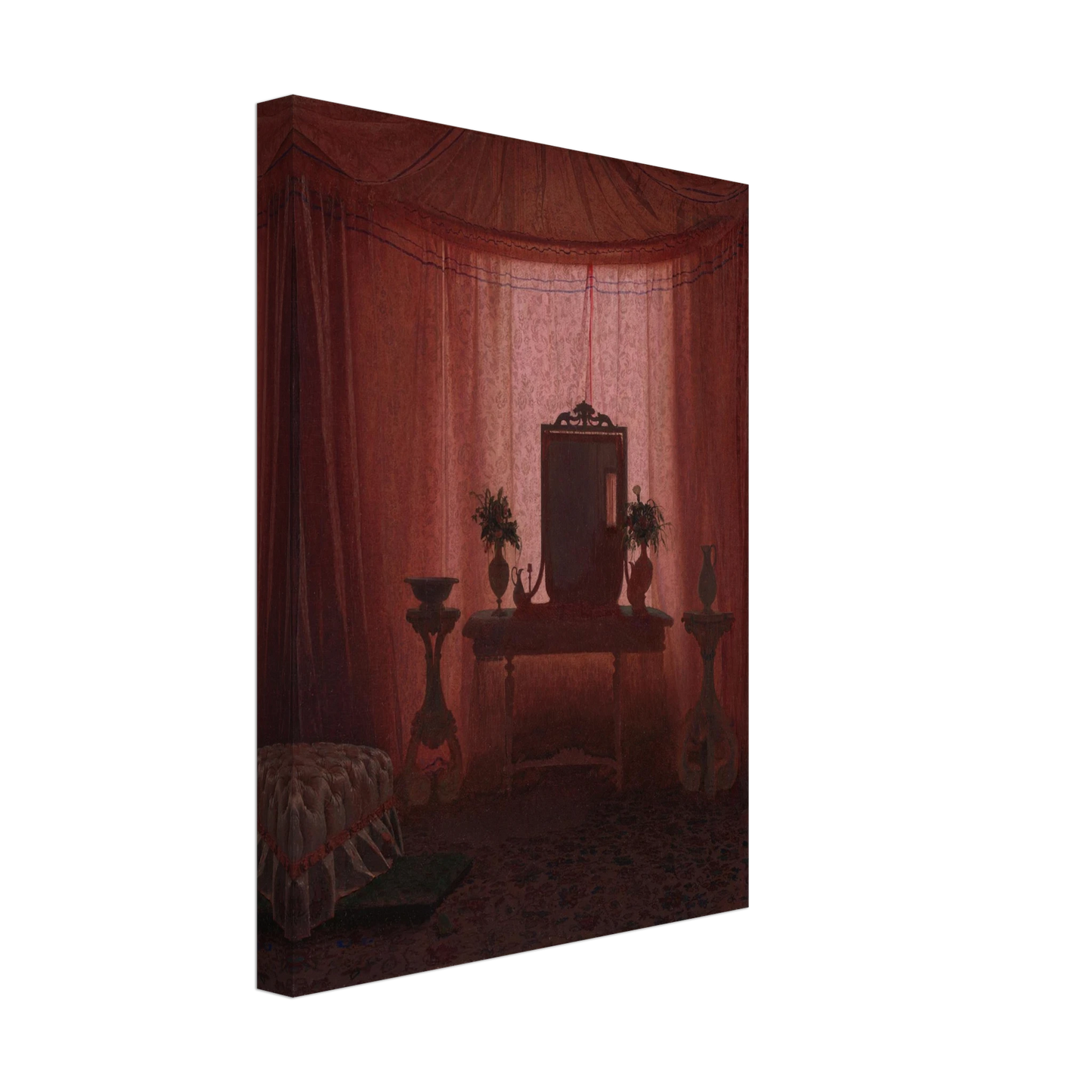 A softly lit bedroom glows through pink drapery, framing a mirror, flower vases, elegant furniture, and part of a bed.