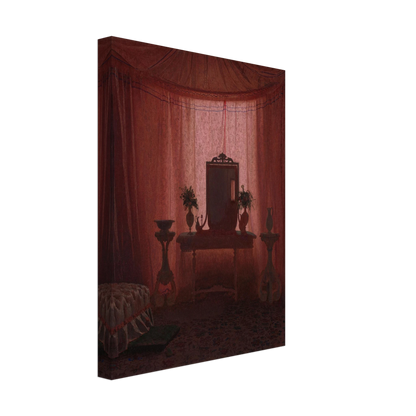 A softly lit bedroom glows through pink drapery, framing a mirror, flower vases, elegant furniture, and part of a bed.