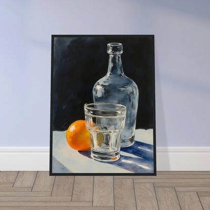 A clear glass, bottle, and orange sit on a sunlit surface, casting soft shadows against a dark background.