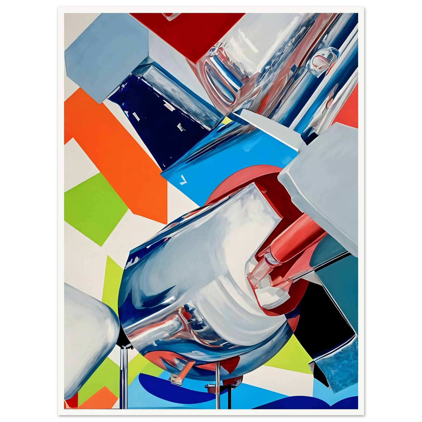 A futuristic composition featuring dynamic metallic structures reflecting bold hues of red, blue, green, and orange, set against a geometric background.