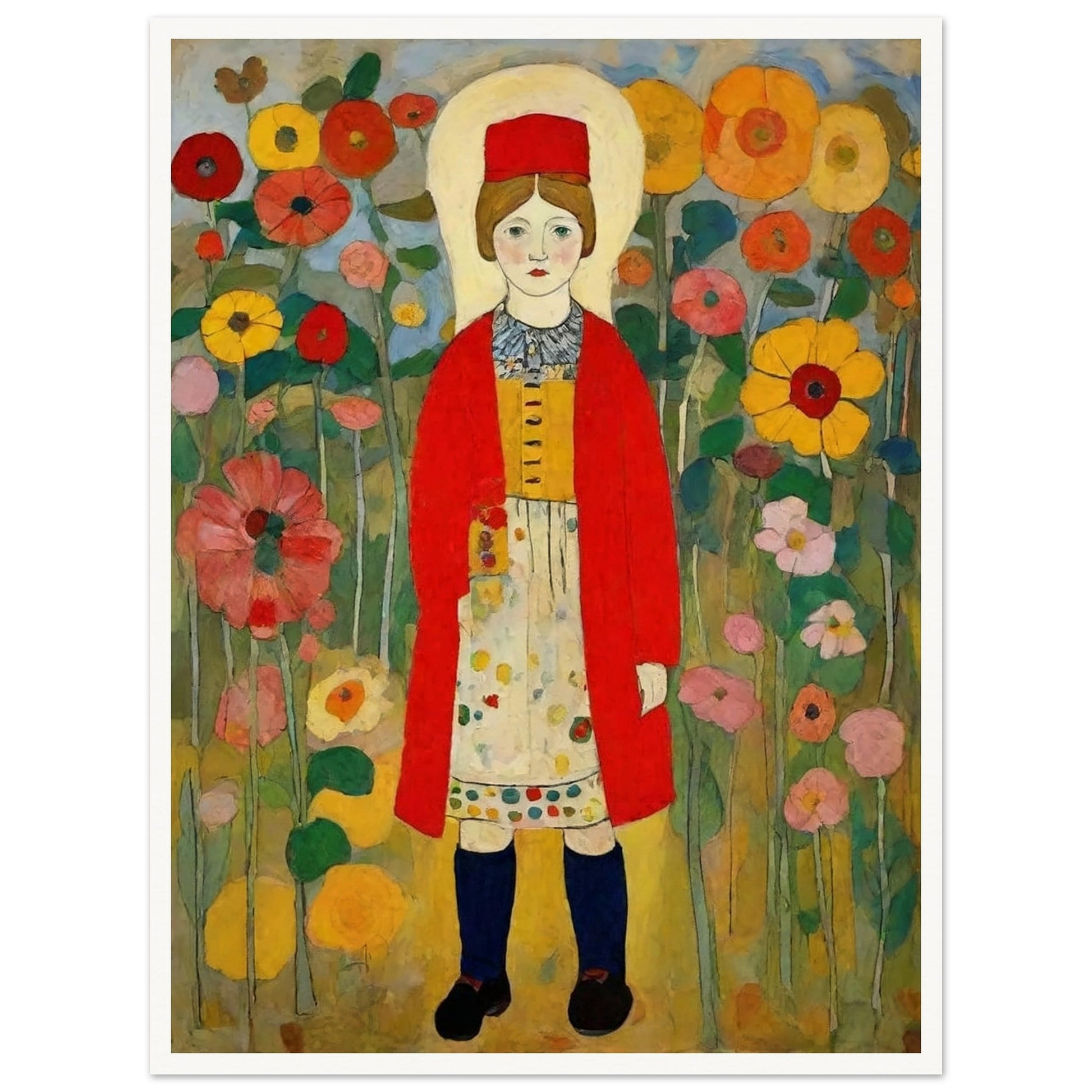 "A colorful painting of a young girl in traditional clothing, standing amidst a vibrant field of blooming flowers in shades of red, yellow, and pink."