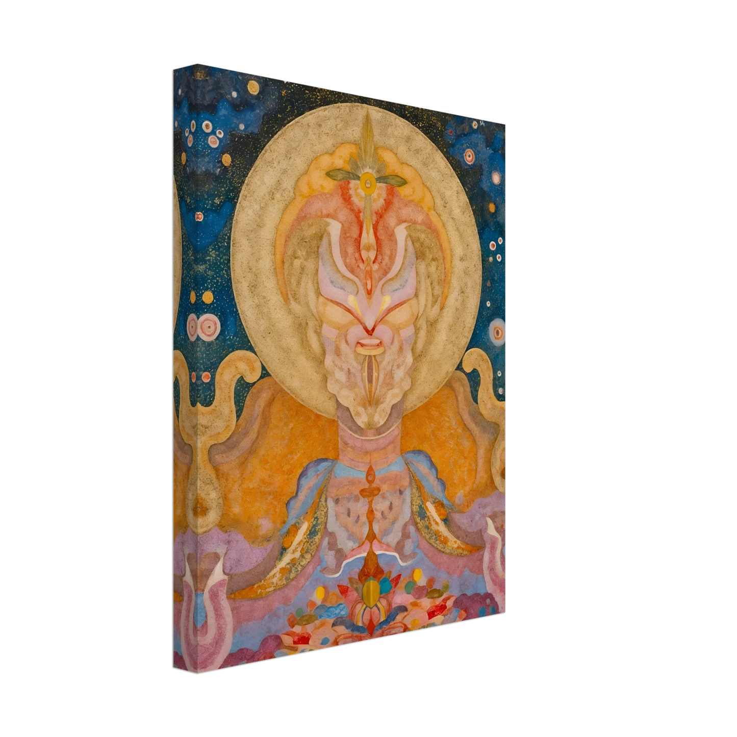 Ornate celestial figure with golden halo, starry blue sky, pastel robes, and floral forms.