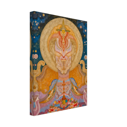 Ornate celestial figure with golden halo, starry blue sky, pastel robes, and floral forms.