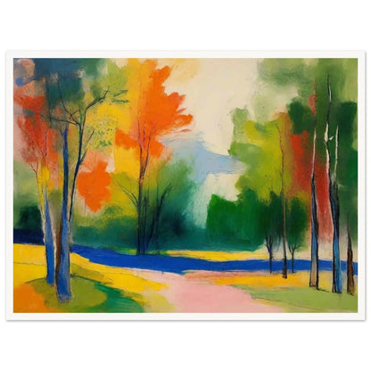 A colorful abstract painting of an autumn landscape, featuring vibrant orange, yellow, green, and blue hues. Trees with slender trunks are scattered throughout the scene, and a winding path leads through the colorful foliage.