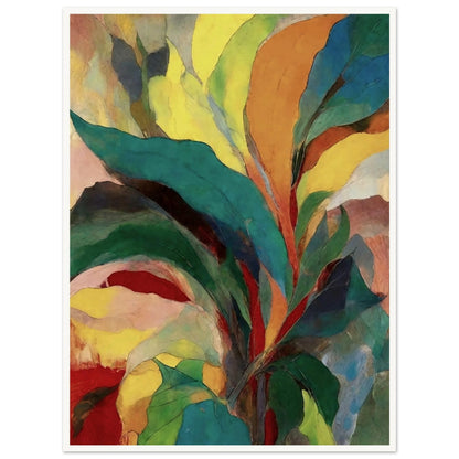 A vivid and abstract composition of overlapping leaves and foliage in rich hues of green, yellow, red, and blue, radiating energy and life.