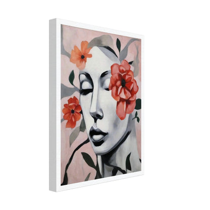 "A delicate portrait of a woman’s face with her eyes closed, surrounded by soft red and orange flowers, blending calm expression with floral beauty."