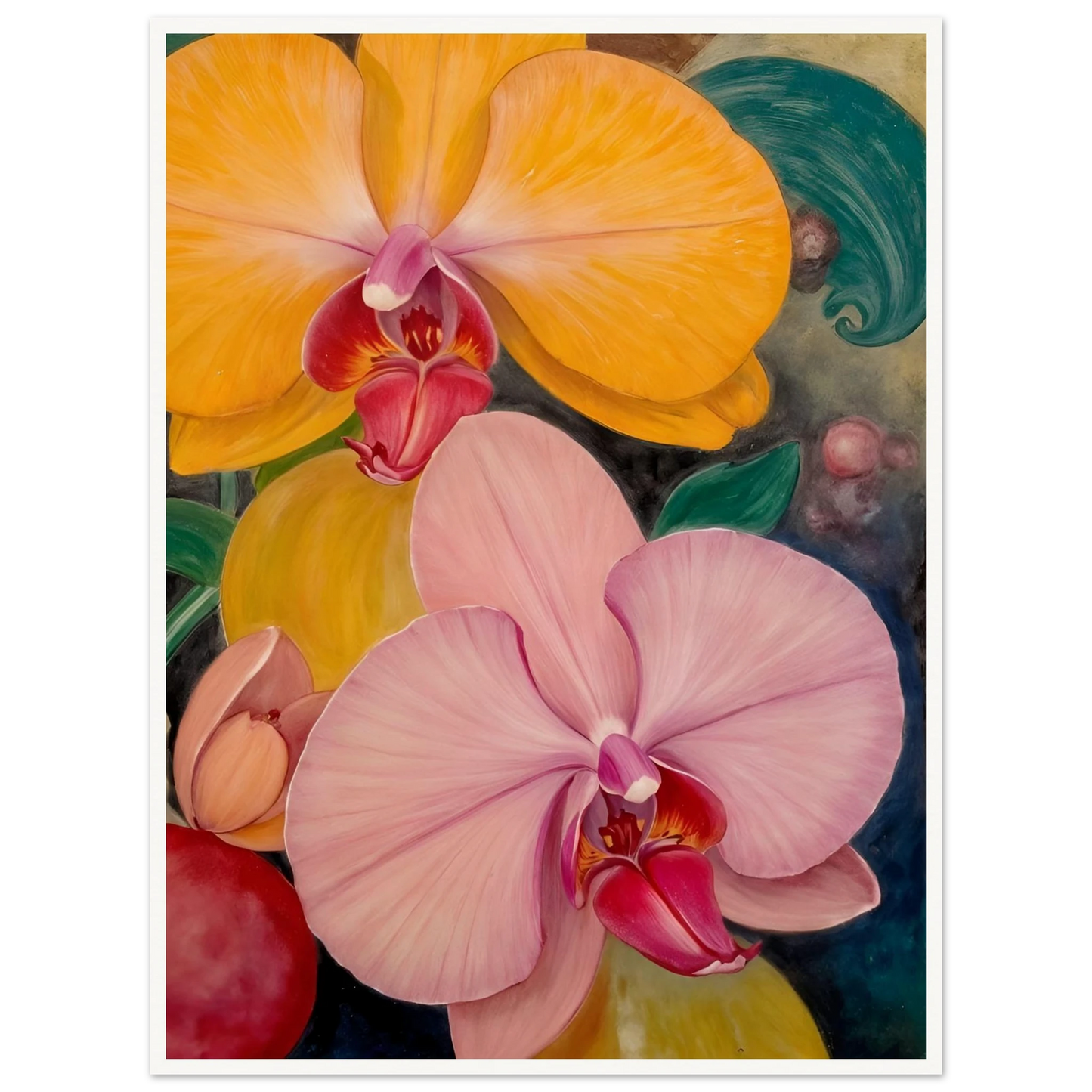 A vibrant floral painting featuring large blooming orchids in shades of golden yellow and soft blush pink, with rich magenta centers set against a dark, decorative background with lush green accents.