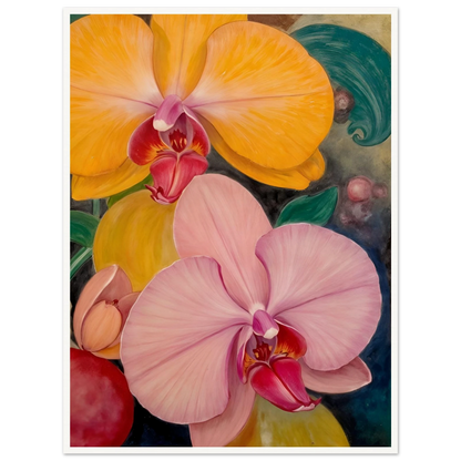 A vibrant floral painting featuring large blooming orchids in shades of golden yellow and soft blush pink, with rich magenta centers set against a dark, decorative background with lush green accents.