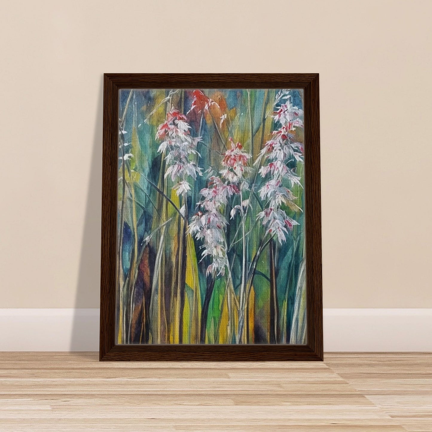 Delicate white and red wildflowers rise among tall, slender grasses, set against a softly textured background of green, blue, and golden hues.