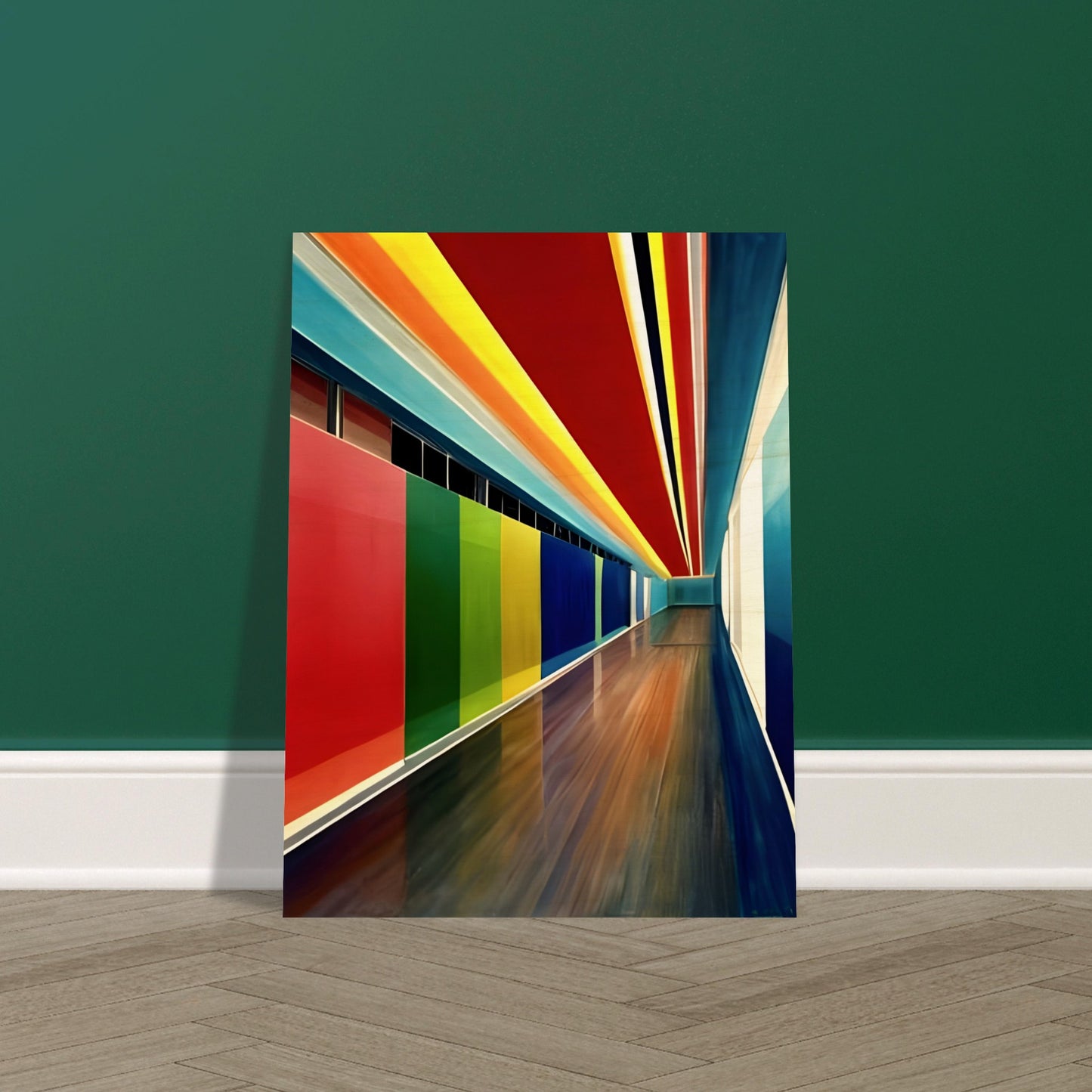 A dynamic corridor with bold, multicolored walls and ceiling, featuring deep reds, blues, yellows, and greens, creating a sense of depth and motion.