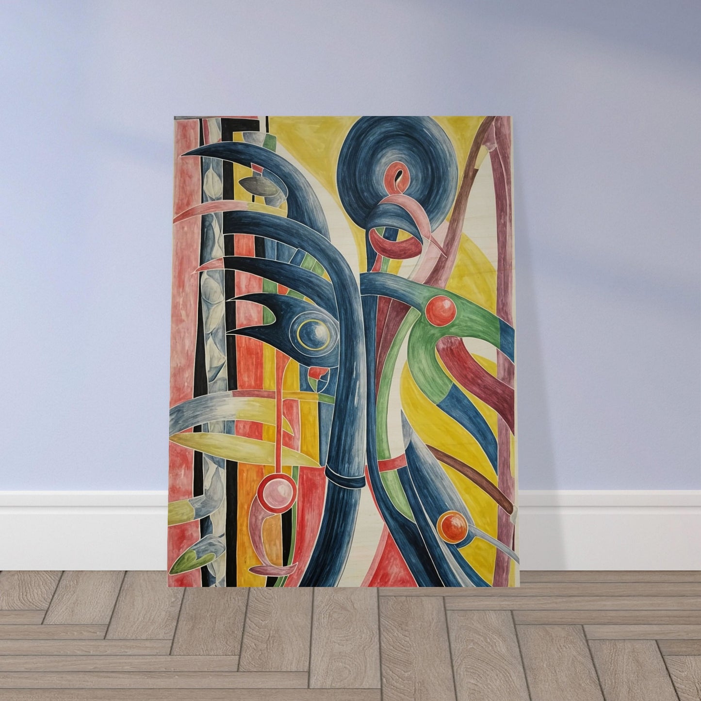 An abstract artwork featuring dynamic curves and circles in bold, contrasting colors, evoking movement and energy.