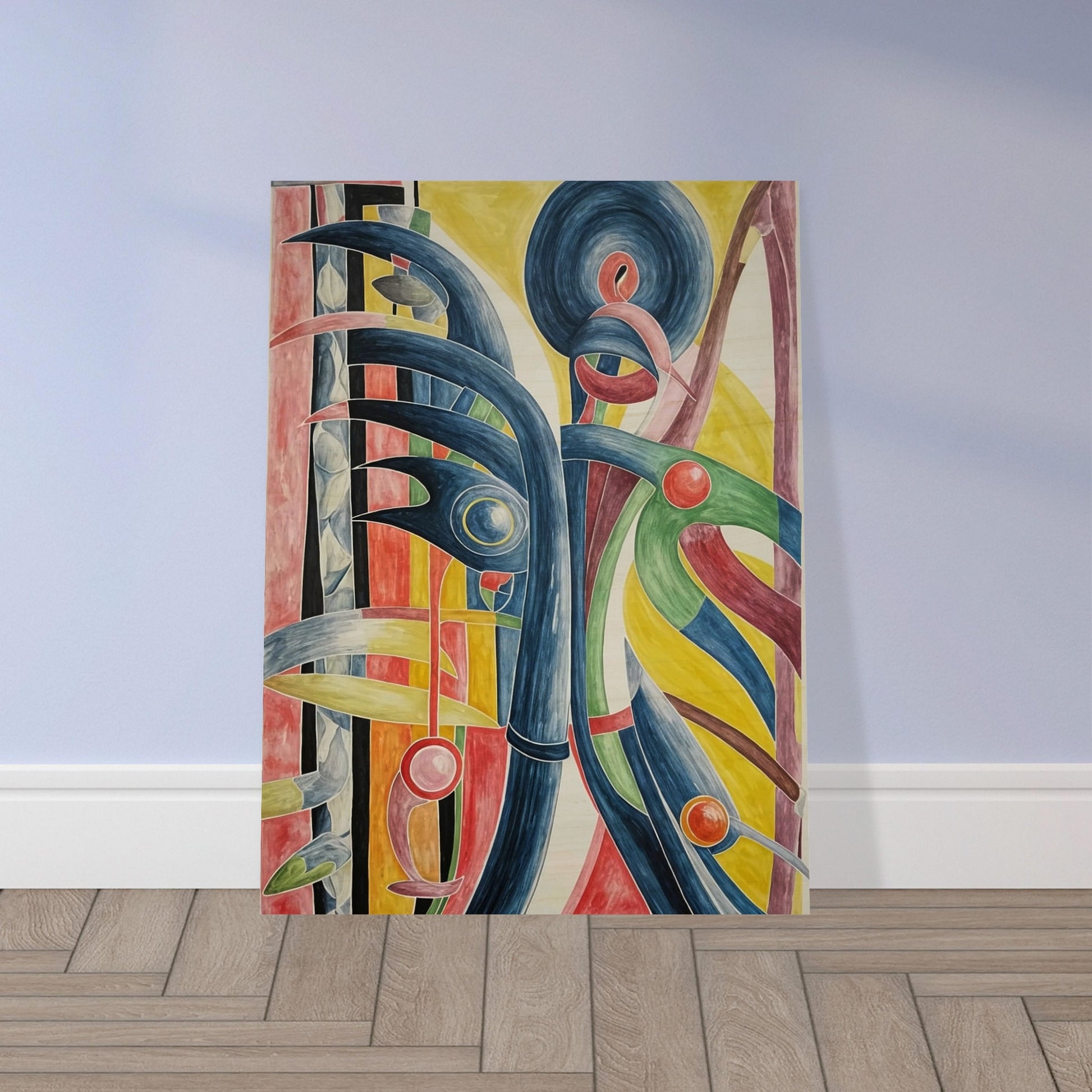 An abstract artwork featuring dynamic curves and circles in bold, contrasting colors, evoking movement and energy.