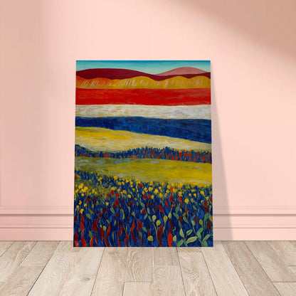 A colorful landscape painting featuring a vibrant field of flowers with rolling hills in the background.