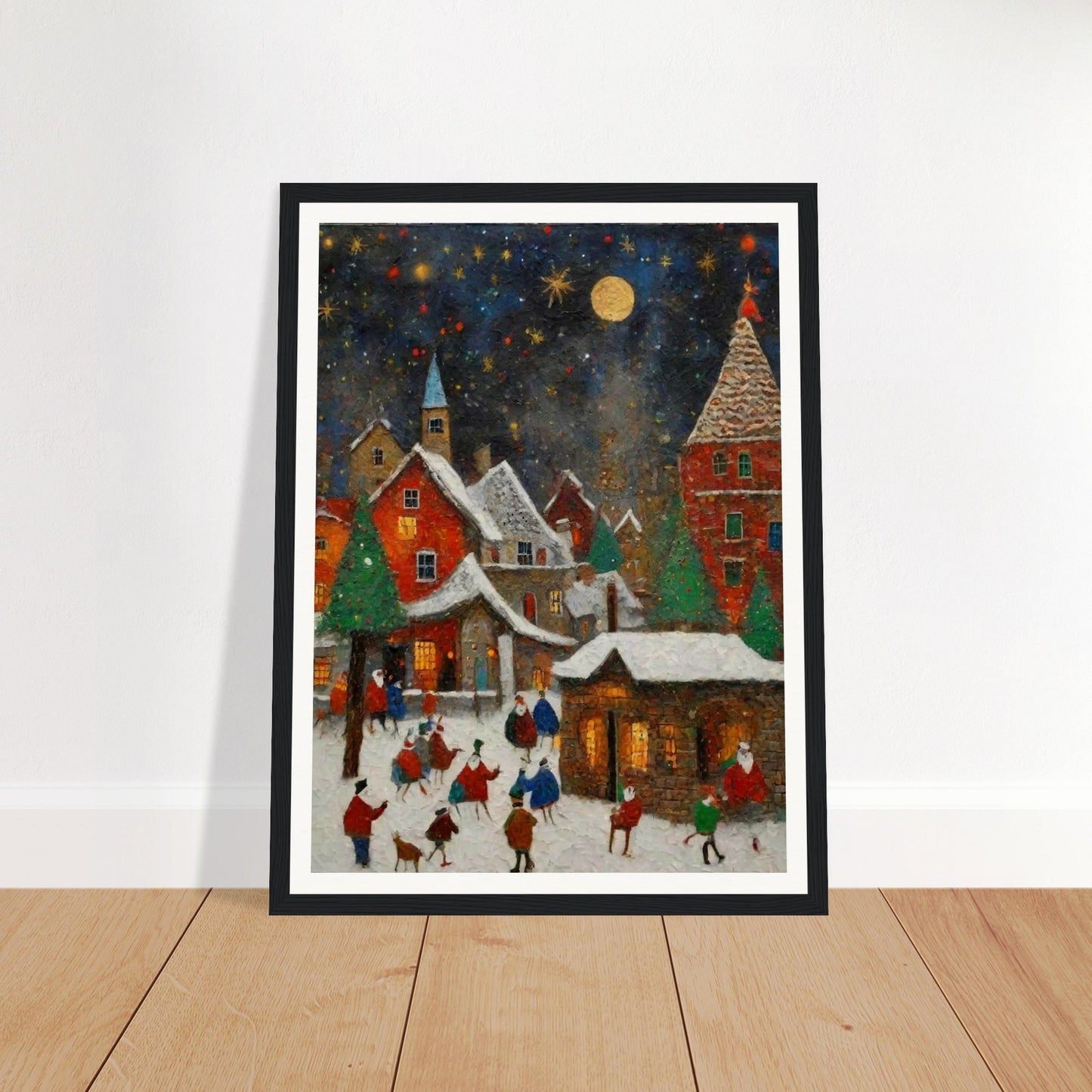 A cozy village at night, illuminated by a golden moon and stars, with snow-covered rooftops, evergreen trees, and people enjoying festive activities.