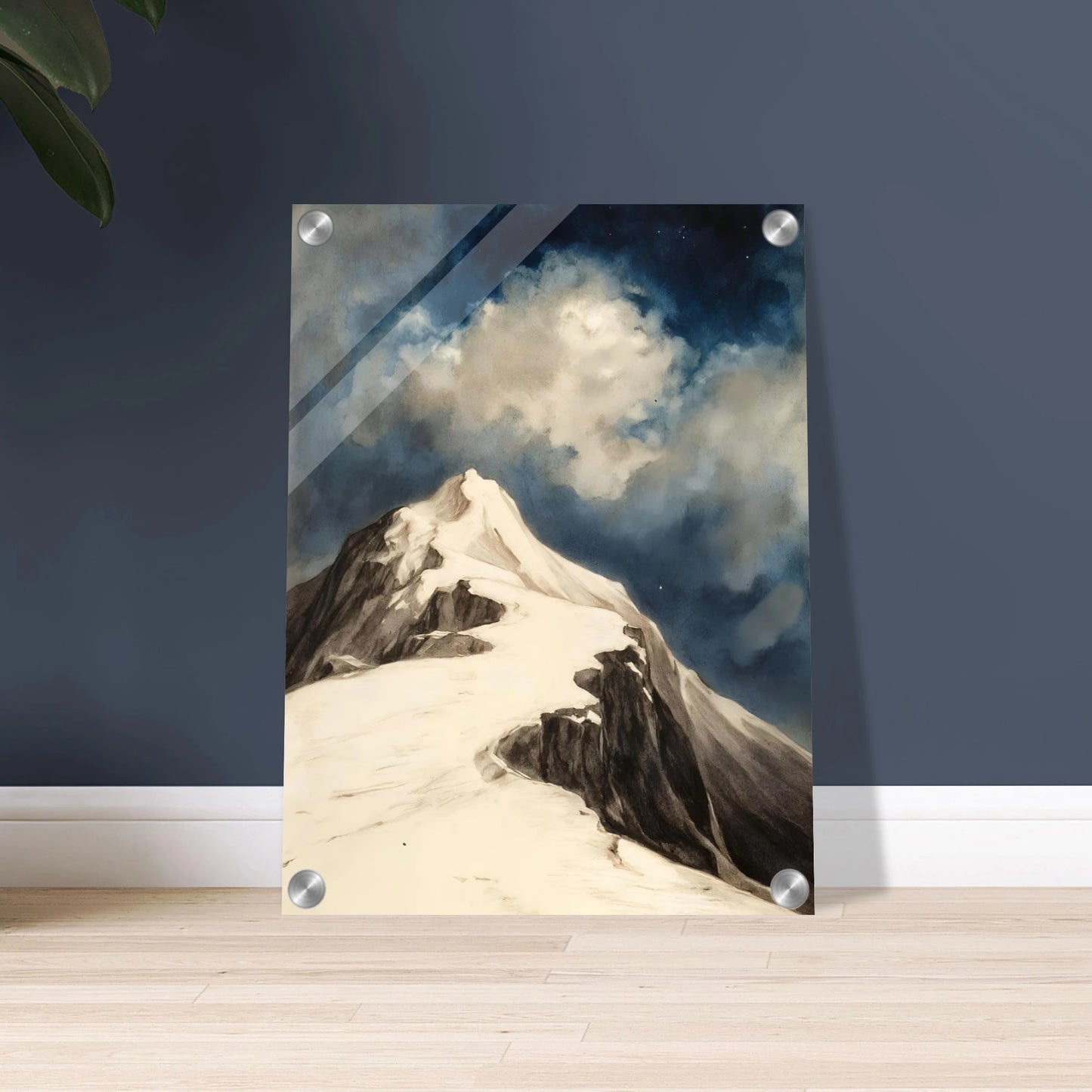 A snow-covered mountain peak rises beneath luminous clouds and a deep midnight sky, capturing solitude and awe.