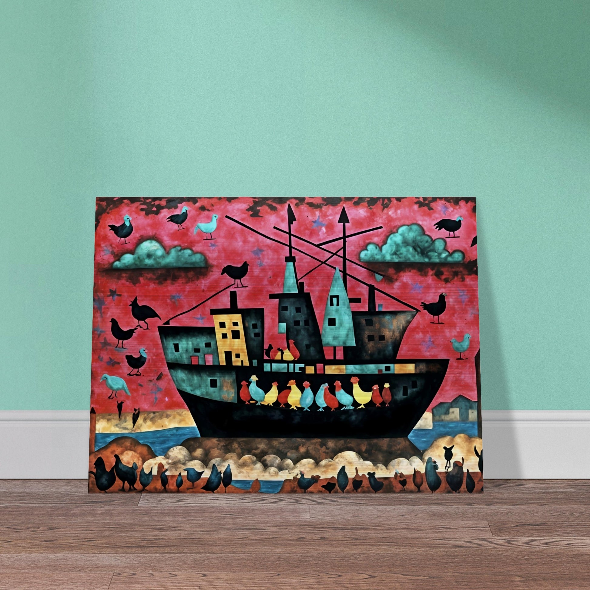 A surreal ship filled with colorful birds sails under a red sky, with more birds flying and perching around, creating a whimsical scene.