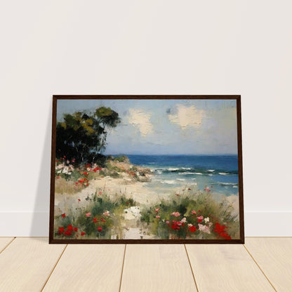 A picturesque painting of a serene beach with vibrant flowers in the foreground and calm ocean waves under a partly cloudy sky.