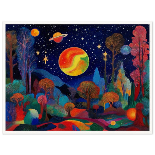 A vibrant landscape featuring trees and planets under a starry sky, with bold, bright colors creating a surreal cosmic scene.