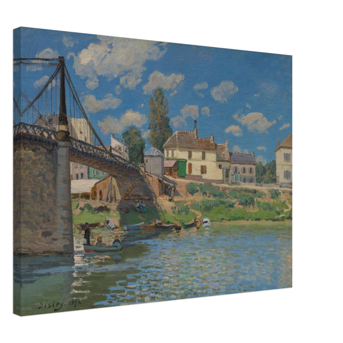 A suspension bridge, riverside houses, and small boats line the Seine under a bright blue sky.