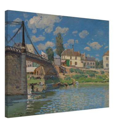 A suspension bridge, riverside houses, and small boats line the Seine under a bright blue sky.