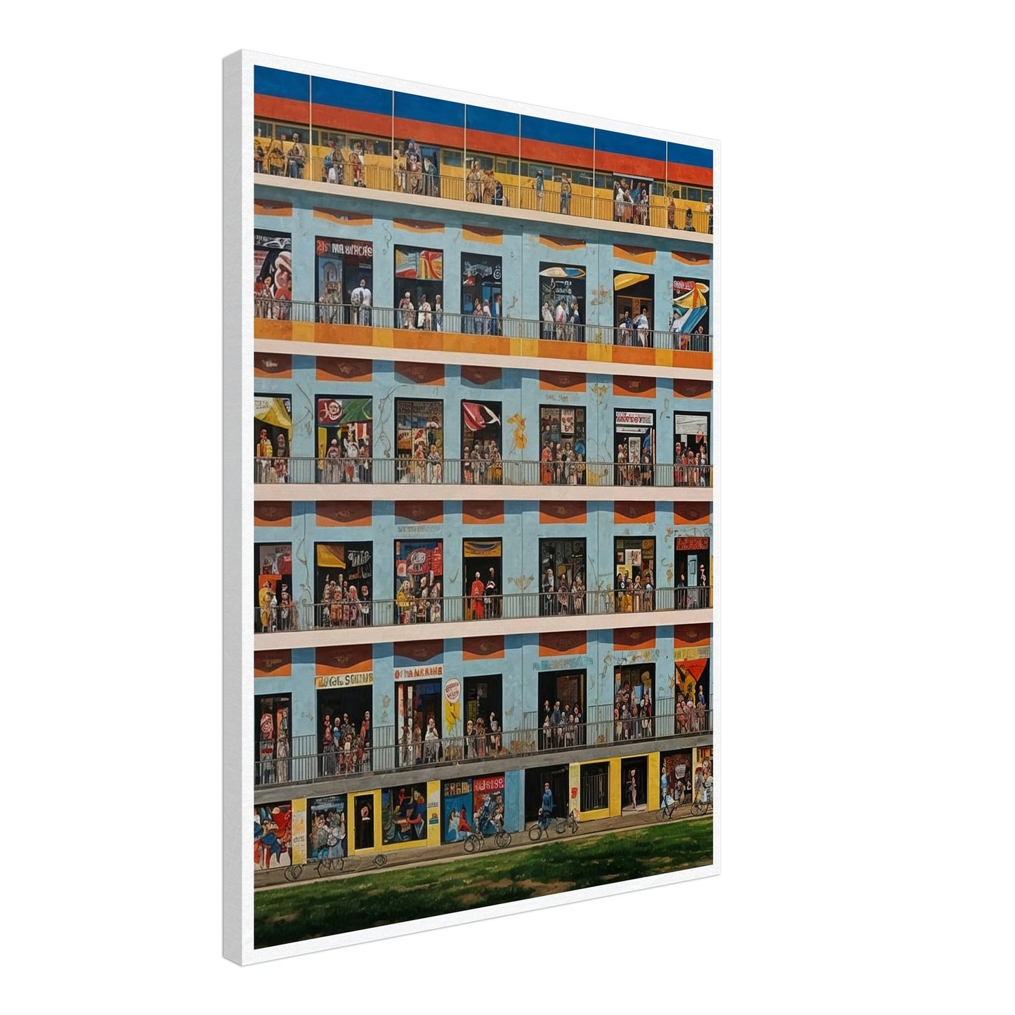 A detailed painting of a multistory building with numerous windows, each depicting different scenes of daily life.