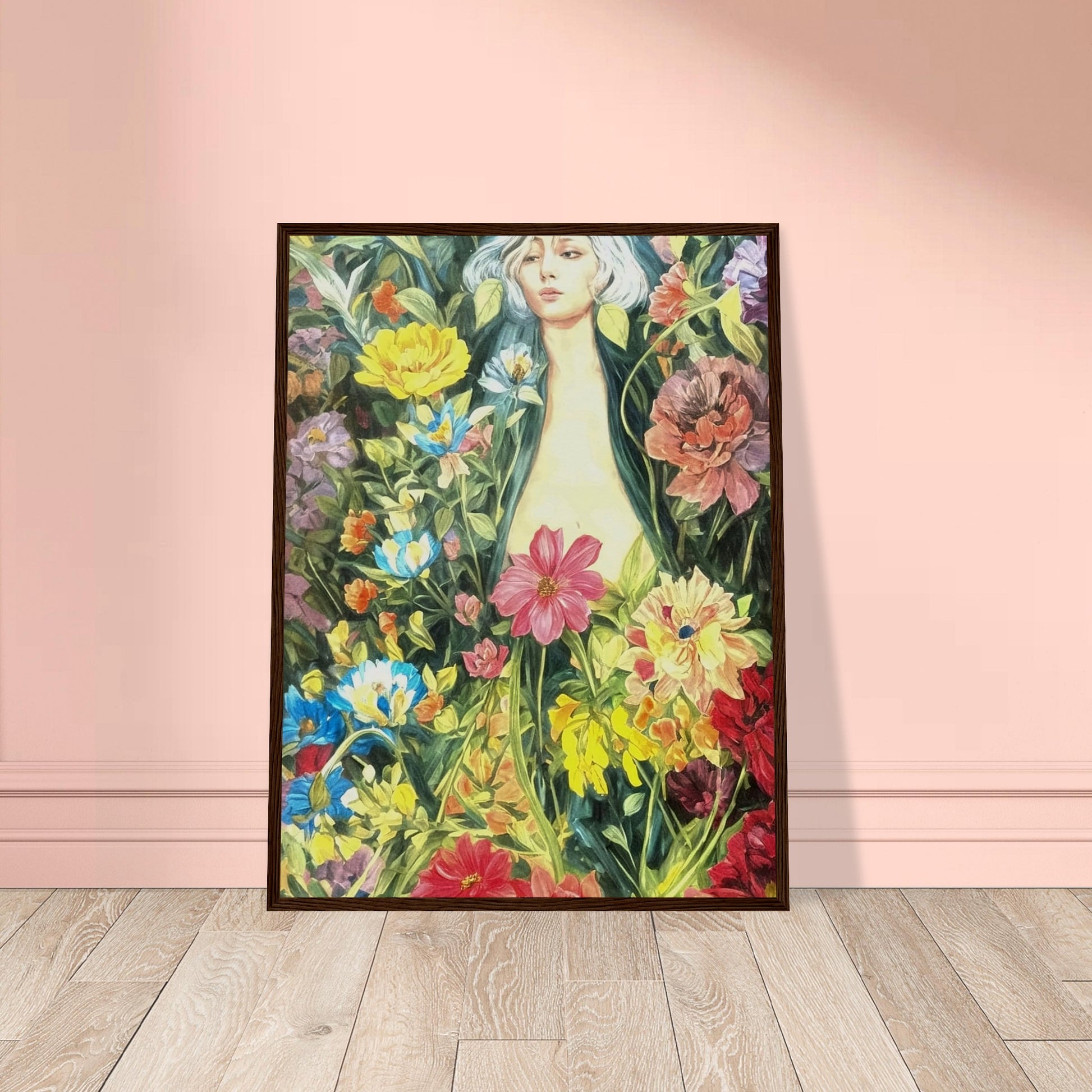 A serene figure surrounded by a lush garden of vibrant, blooming flowers, blending into the foliage with shades of pink, yellow, blue, and green.