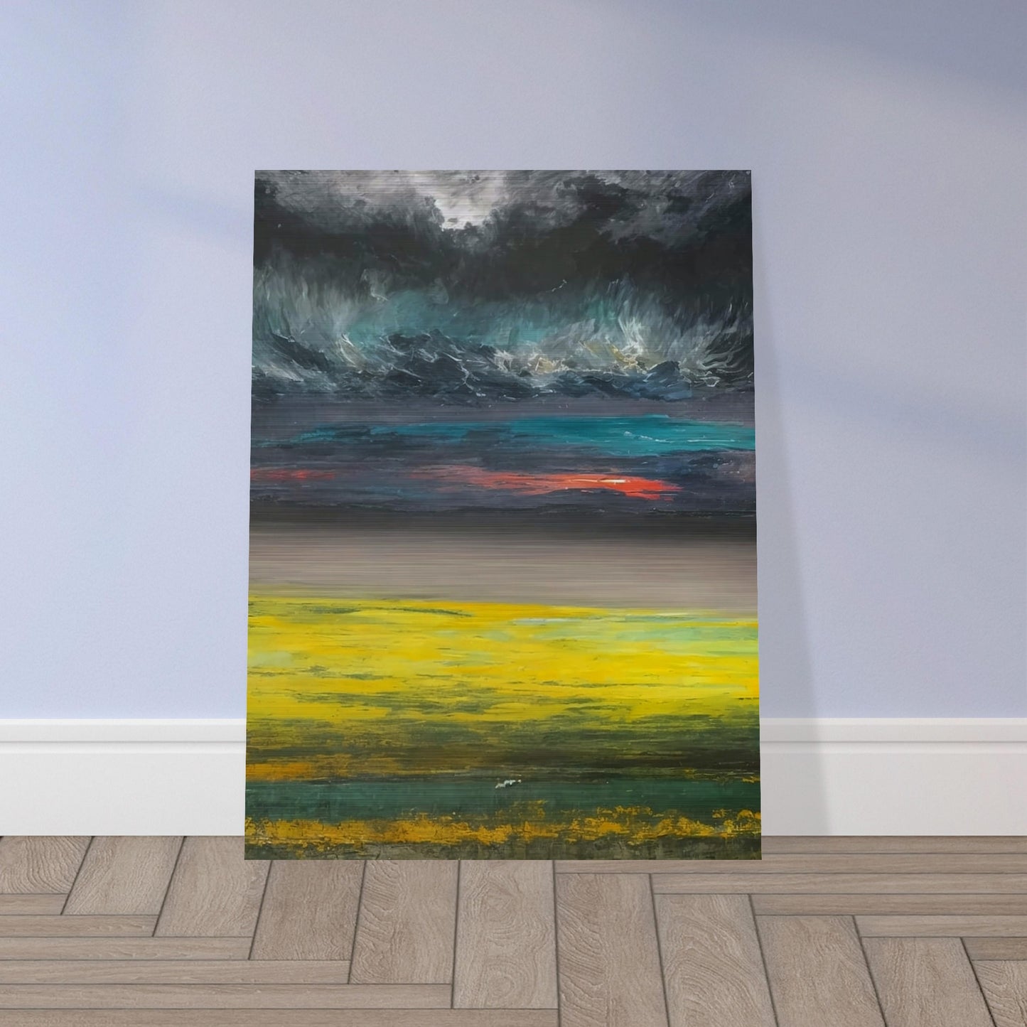 A dramatic landscape painting featuring a vibrant yellow field under a dark, stormy sky with a hint of sunset colors.