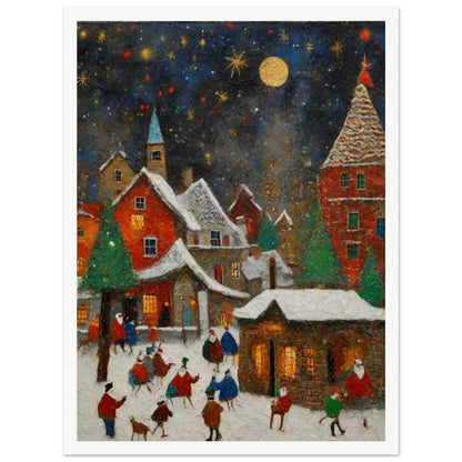 A cozy village at night, illuminated by a golden moon and stars, with snow-covered rooftops, evergreen trees, and people enjoying festive activities.