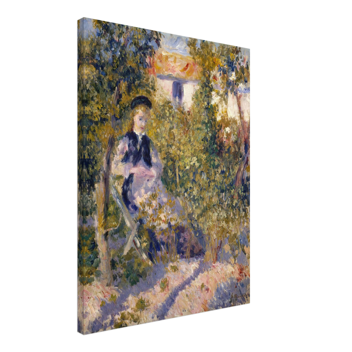 A woman sits in a flower-filled garden, surrounded by loose, colorful brushstrokes.