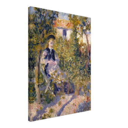 A woman sits in a flower-filled garden, surrounded by loose, colorful brushstrokes.