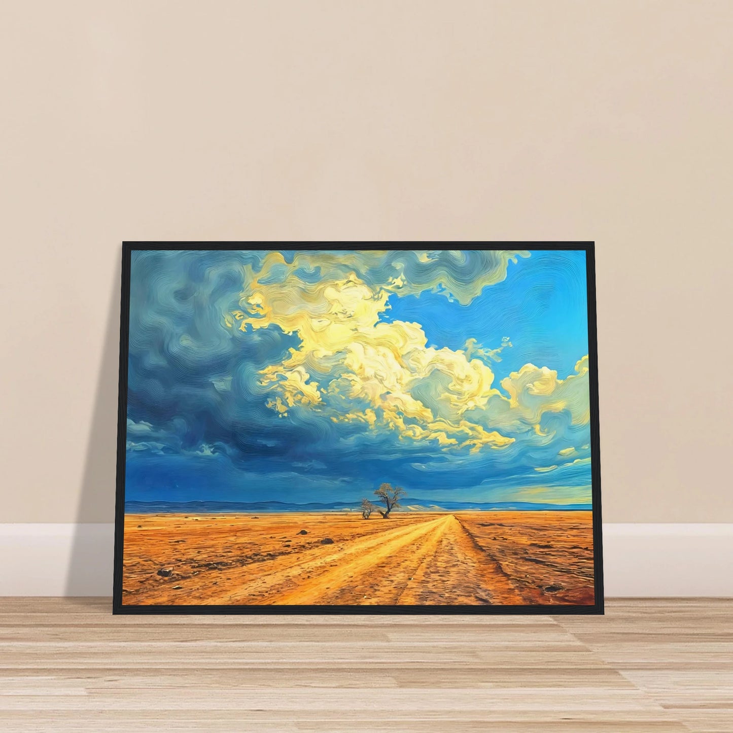 A golden dirt road stretches through an open desert under swirling clouds of blue and gold, evoking strength and solitude.