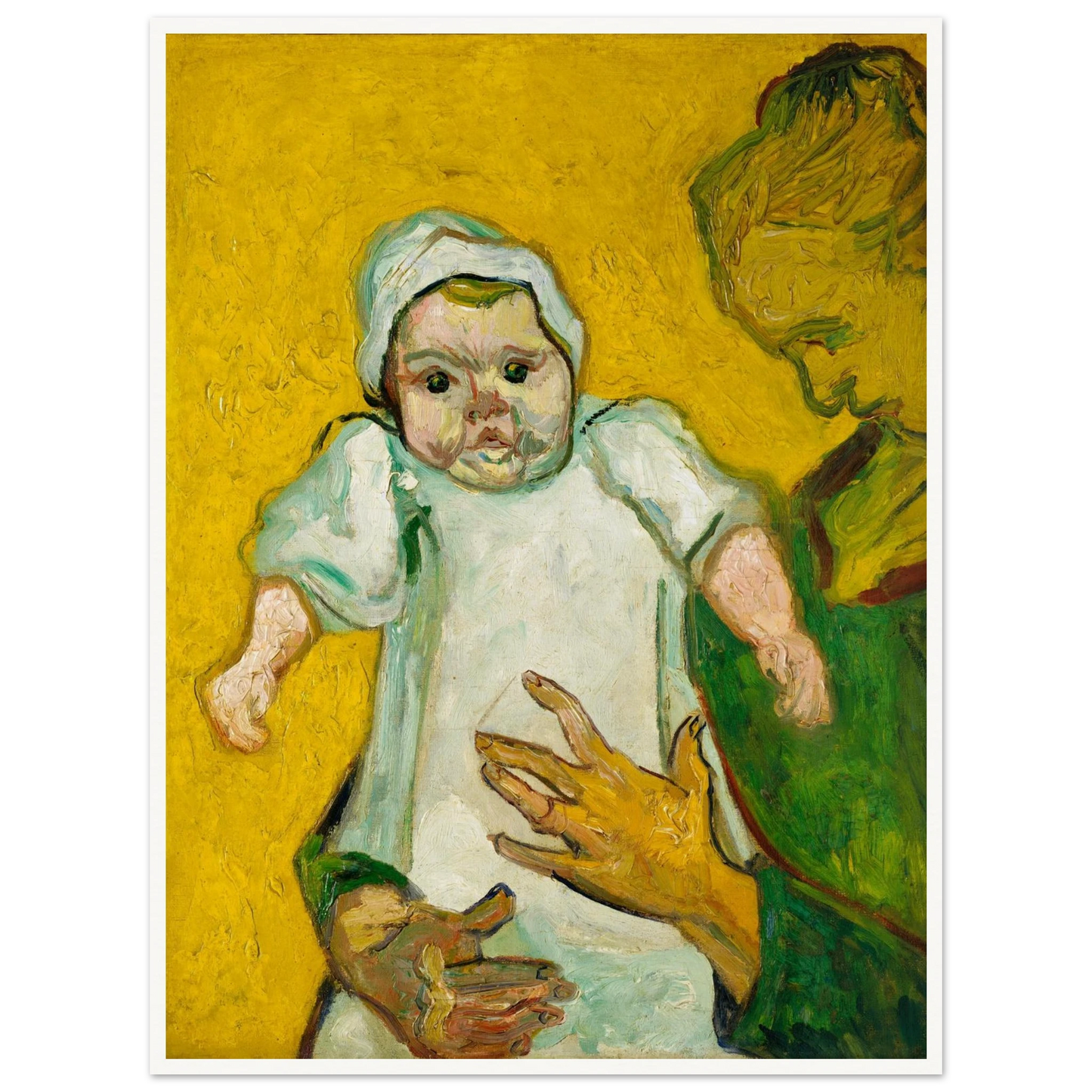Mother holds baby against a vivid yellow background in an expressive Van Gogh portrait
