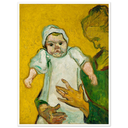Mother holds baby against a vivid yellow background in an expressive Van Gogh portrait