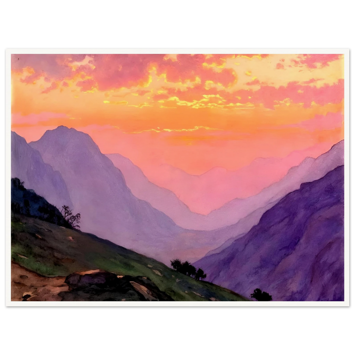 A dreamy mountain valley bathed in pink and golden sunset light, with layered violet peaks fading into the distance.