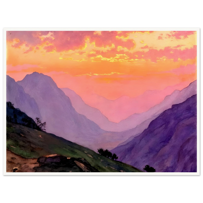 A dreamy mountain valley bathed in pink and golden sunset light, with layered violet peaks fading into the distance.