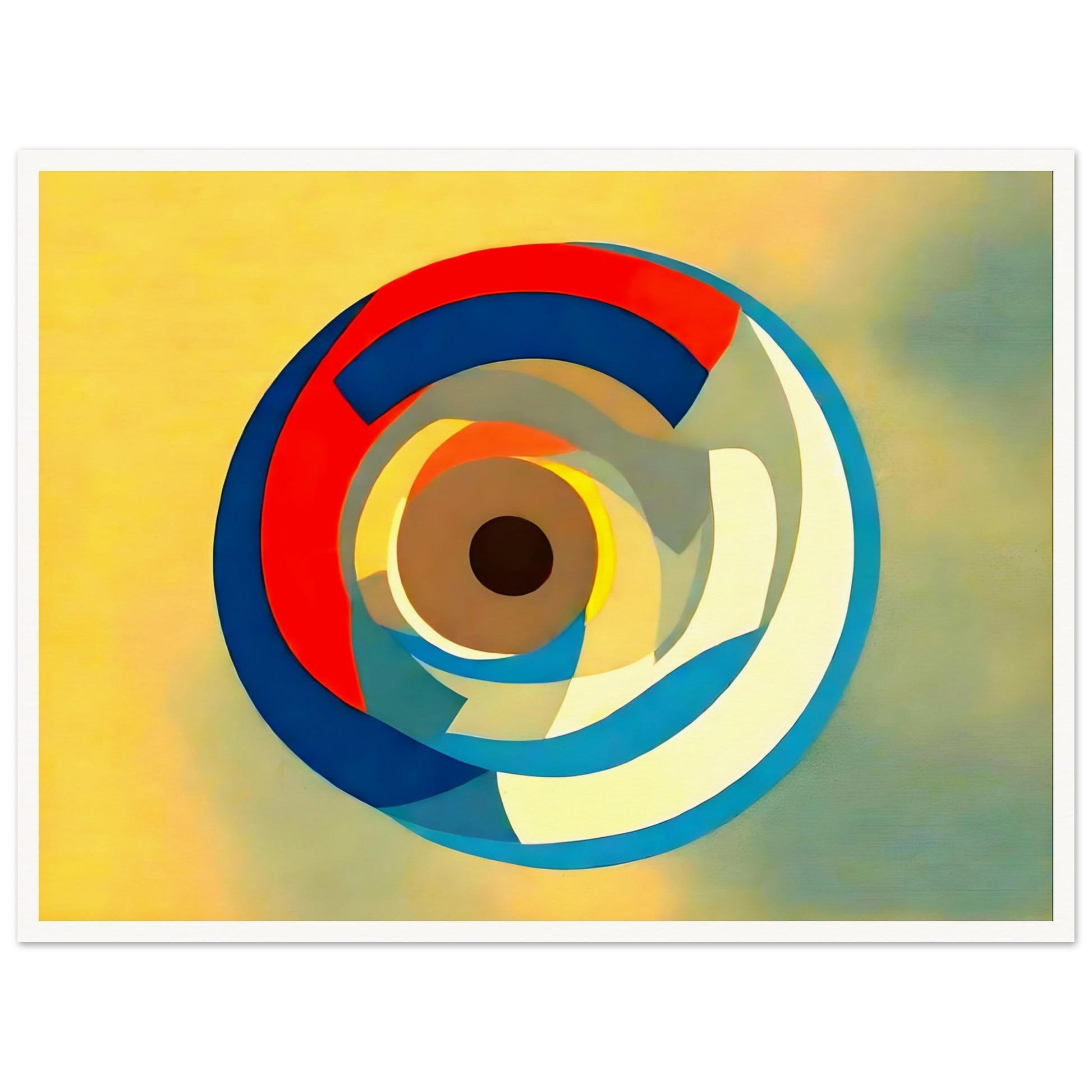 A geometric abstract artwork featuring overlapping circular shapes in bold colors of blue, red, yellow, and white on a soft gradient background.