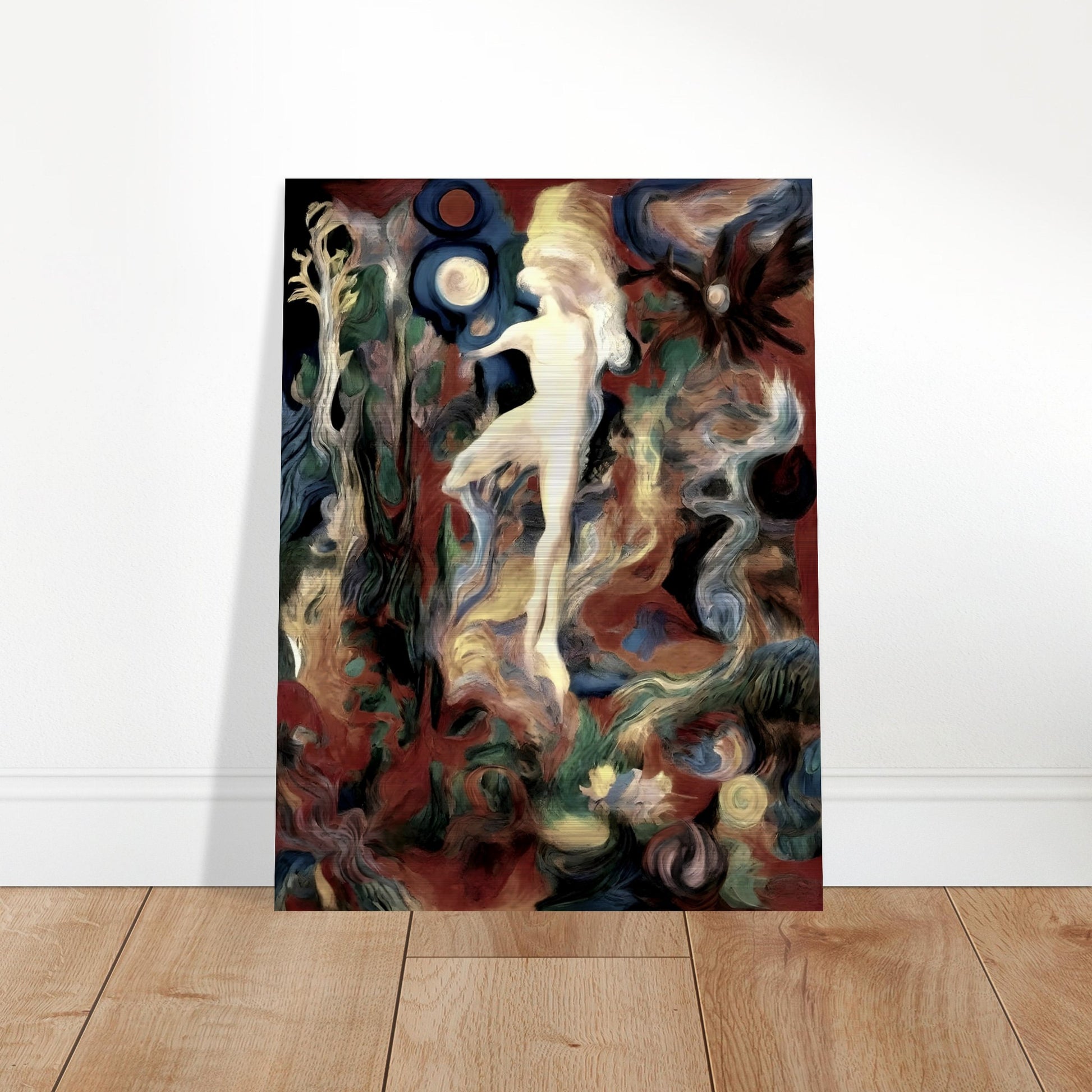 A surreal painting of a glowing figure dancing amidst swirling, vibrant colors and cosmic shapes, evoking a dreamlike atmosphere.