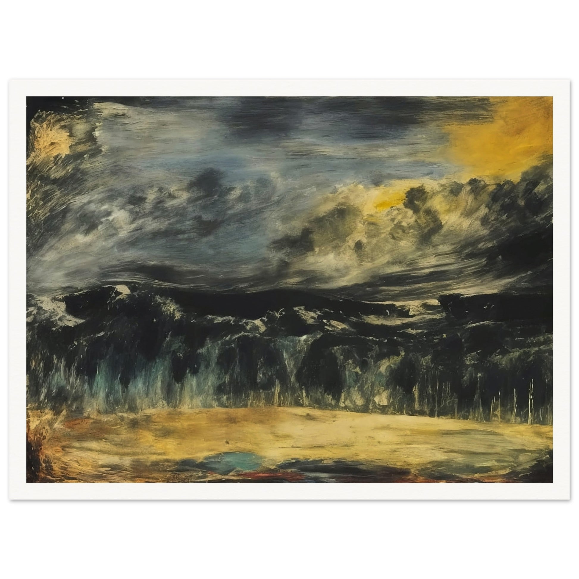 A dramatic landscape painting featuring a stormy sky with dark clouds looming over a distant forest, creating a moody atmosphere.