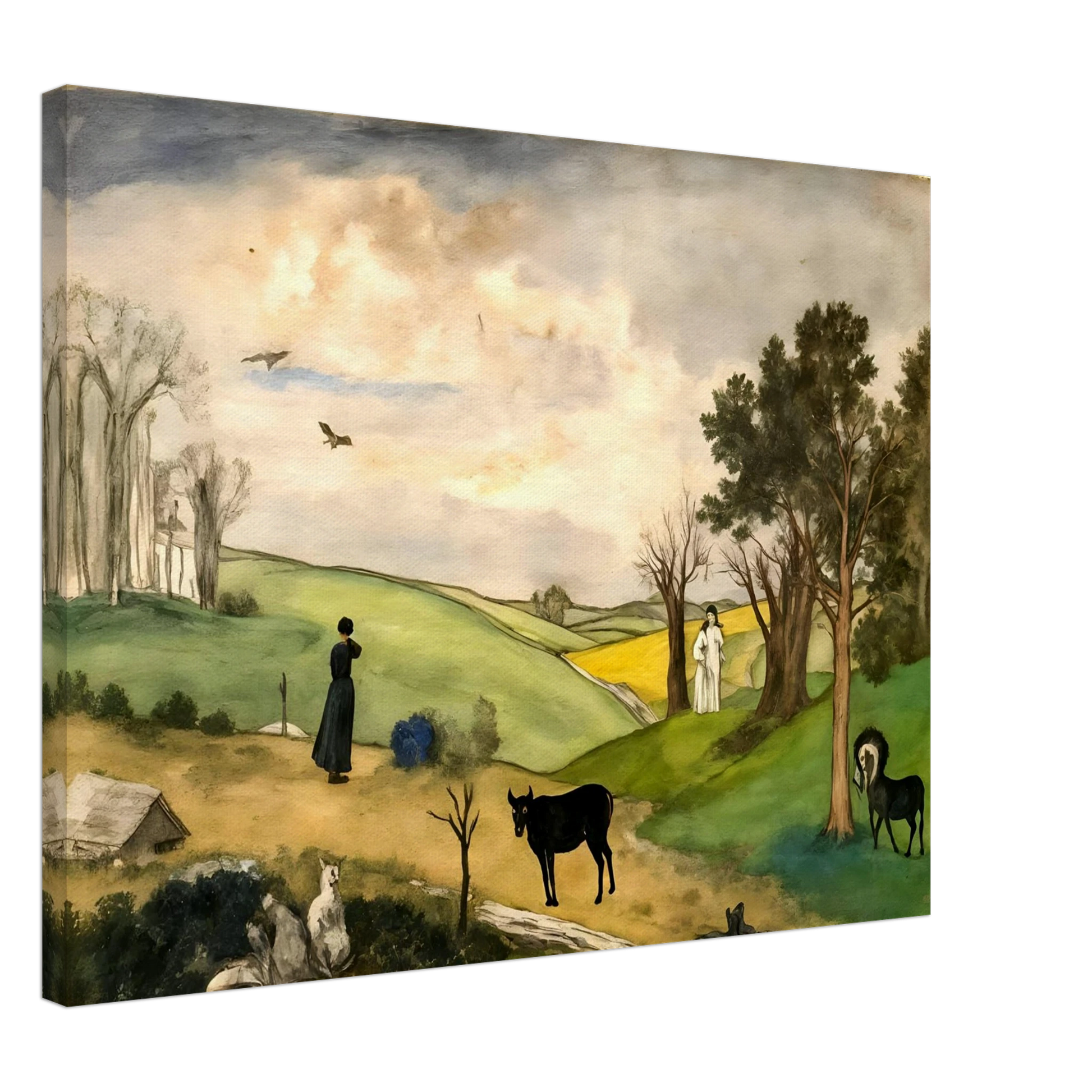 Figures, horses, birds, and trees rest across rolling green hills beneath a soft cloudy sky.
