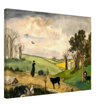 Figures, horses, birds, and trees rest across rolling green hills beneath a soft cloudy sky.