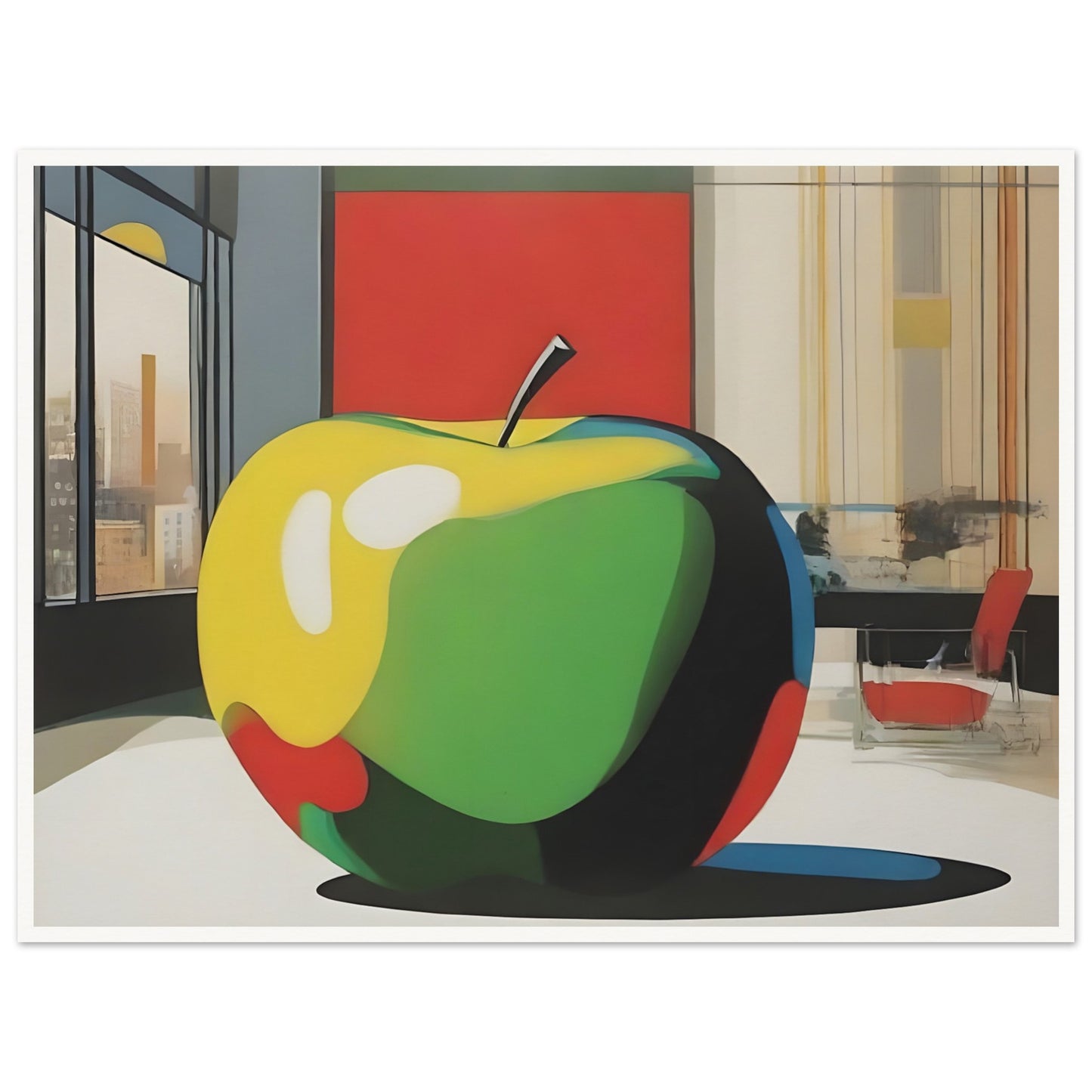 Modern artwork depicting a vibrant, oversized apple in a contemporary room with cityscape views and bold geometric shapes.