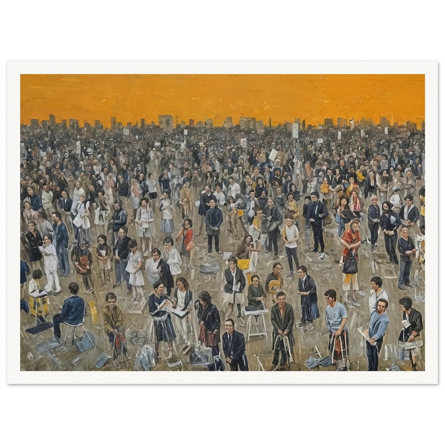 A detailed painting of a large crowd of people gathered in an open space under a vibrant orange sky at sunset. The diverse crowd features individuals engaged in various activities, with the city skyline visible in the background.